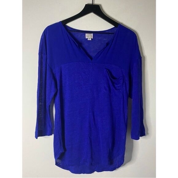 Anthropologie Postage Stamp Blue Linen Split Neck Tee - Picture 1 of 8
